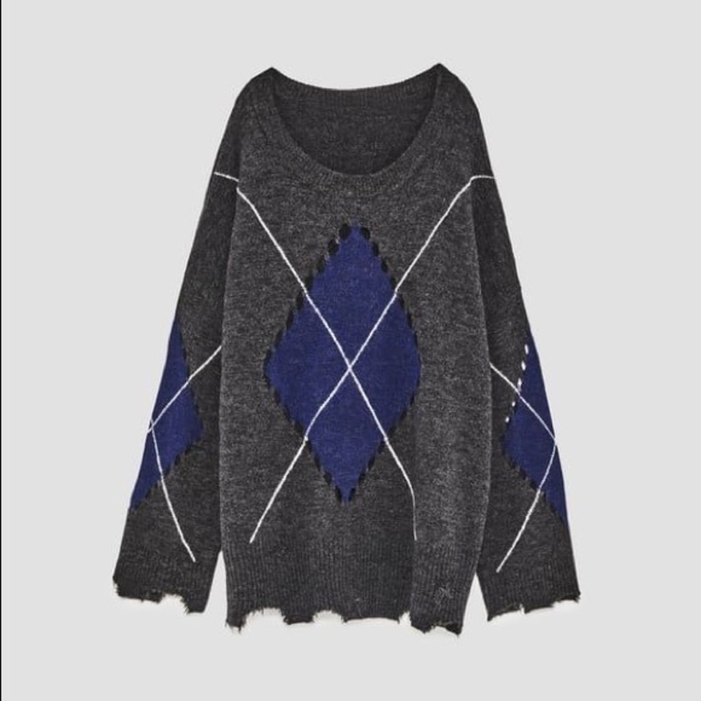Zara Open Knit Argyle Diamond Distressed Raw Hem Knit Sweater